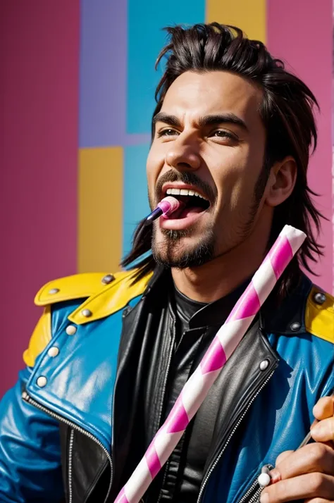 Rocker man licking a candy lollipop, first person.