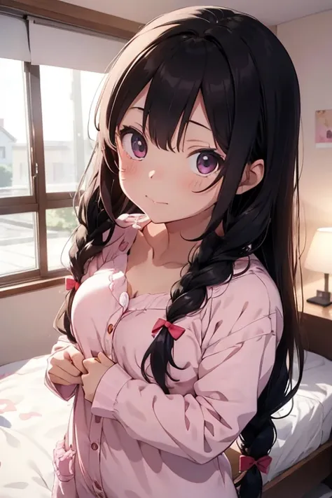 girl in pajamas, cute anime girl, wears braids, teddy bear pajamas, 4K anime, FULL HD, INTRIQUE, delicate, good hands, beautiful bedroom background, beautiful, cute, 16 years old, girl anime ((anime)) dinamic