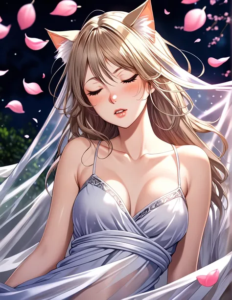 (Harem Manga style:1.2) , Hallucination, daydream , nightmare , Insane Dream , bokeh , erotica , romance , cat nymph and realistic cat , Petals fluttering down , (Single eyelids, round nose, swollen cheeks) , glossy lips , Collarbone , Hair blowing in the ...