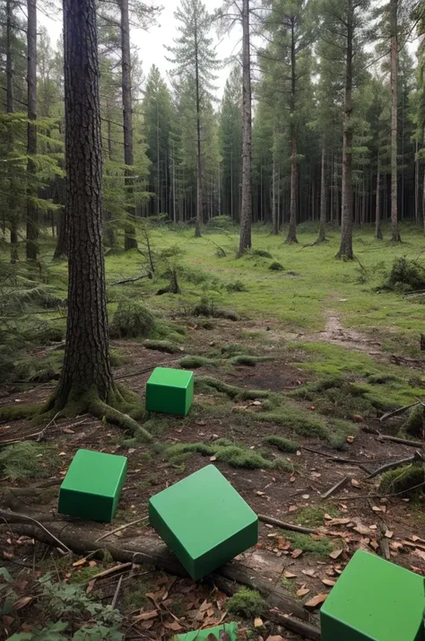 Green toy blocks in a desolate natural forest 