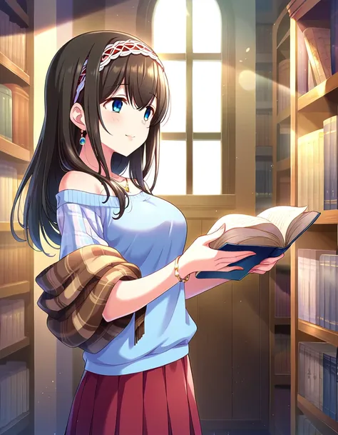 score_9, score_8_superior, score_7_superior, sauce_anime,
one girl, cute woman, alone, shy, standing, reading a book, brown book...