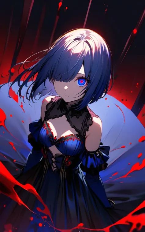 (masterpiece)、(absurdres)、(ultra detailed),Crazy Eyes、despair、Dark Side、closed mouth,Blood droplets、darkness,Blood pool space、Blood dripping background:1.3、solo girl、slender:1.1、shiny ultramarine hair、straight hair、short bobcut:1.1、hair covering one eye:1....