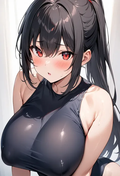 masterpiece、Highest quality、Best image quality、High resolution、Big Breasts、Black Hair、Red eyes、ponytail、Black school swimsuit、Muji school swimsuit