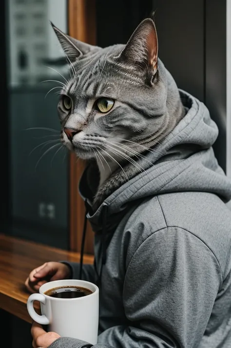 Gray cat with evil look, with hood bust, drinking coffee 