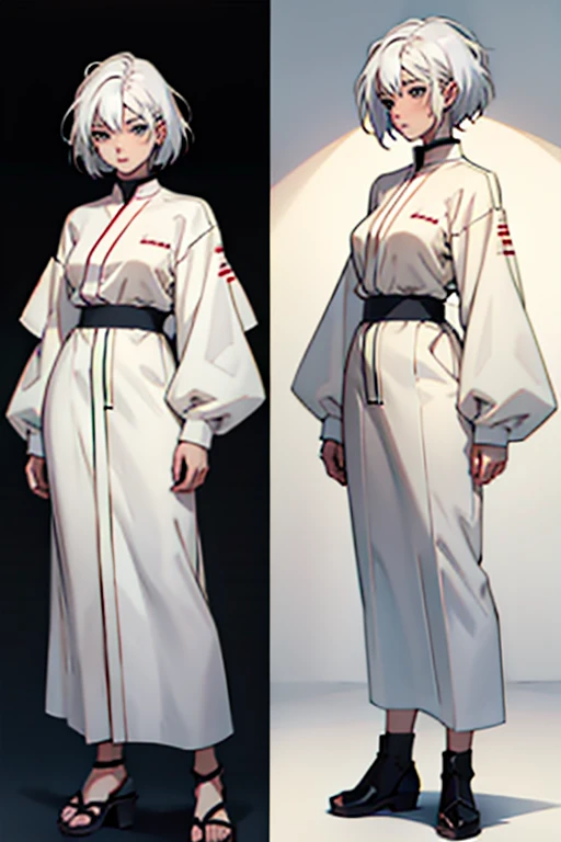 Girl with short white hair small, nose bleeding , full body shot, manga page with panels and dialogue  