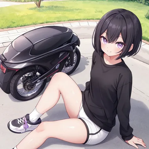 a cute lady, black short hair, bob hair, sitting at sunny park, light smile, purple eyes, detailed pupil, detailed eyes, whole body, masterpiece, top quality, slender body, flat chest, sneakers, white jogging wear, beautiful thigh, Short socks