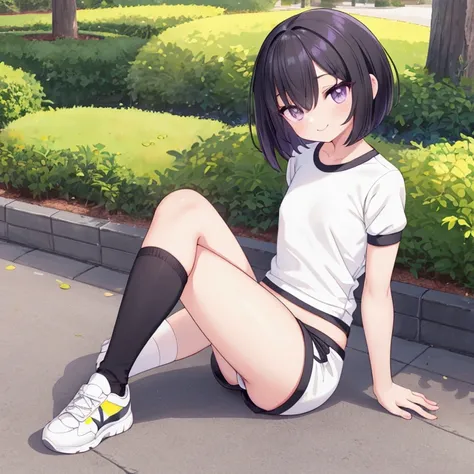 a cute lady, black short hair, bob hair, sitting at sunny park, light smile, purple eyes, detailed pupil, detailed eyes, whole body, masterpiece, top quality, slender body, flat chest, sneakers, white jogging wear, beautiful thigh, Short socks