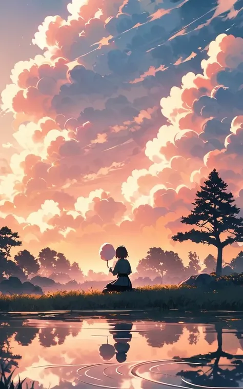 "((peaceful)) scene, A girl kneeling while thinking, ((Ripples on the pond)), ((Cotton candy cloud)), ((Gnarled tree silhouette)), Professional photography, ((Three-part method)), High resolution, Highest quality