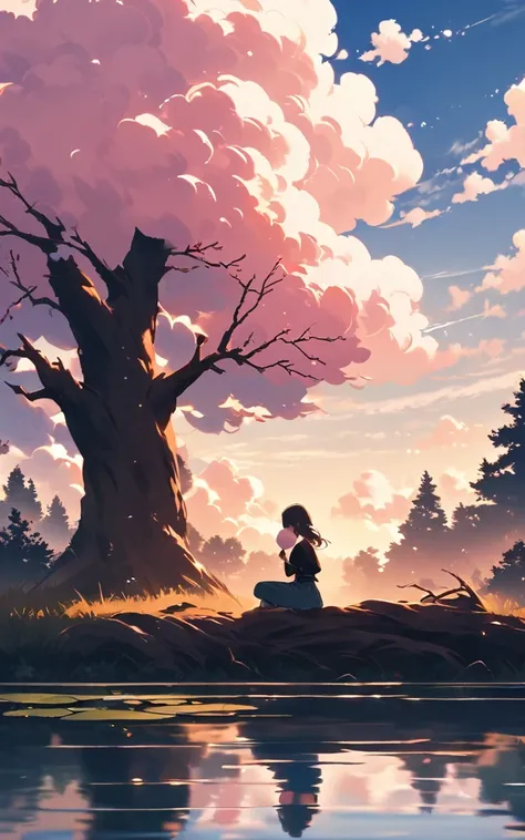 "((peaceful)) scene, A girl kneeling while thinking, ((Ripples on the pond)), ((Cotton candy cloud)), ((Gnarled tree silhouette)), Professional photography, ((Three-part method)), High resolution, Highest quality