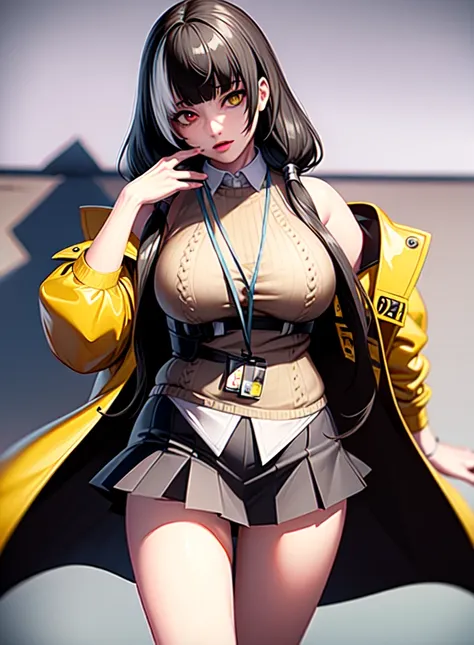 (realistic:1.4), best quality, ultra high res,
4k, instagram,
higly detailed,
 ro635, sweater, collared shirt, lanyard, id card, yellow coat, 
VirtualGirl-Aim, medium breasts, straight hair, long hair, black hair, black eyes, crystal pendant,
 full body sh...