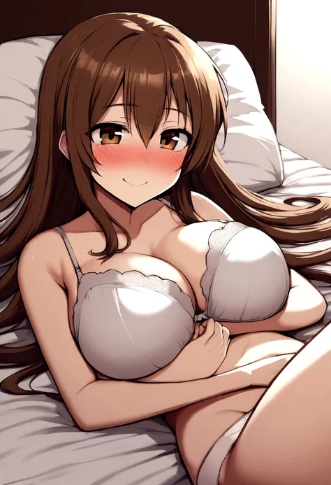 (Highest quality:1.3), As Yuuki, Long Hair, Brown Hair, (Brown eyes:2), Large Breasts, White bra,panties, Lying in bed, smile, (Blushing:1.3, throw)