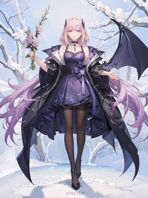 girl,full body,(detailed face:1.2), Masterpiece, fashion,black dress,, medium hair, light pink purple hair, purple pink eyes,There are wings hanging on the head.,white background,vtuber,full HD,The bat wings on the left side of the head are white.,Long hai...