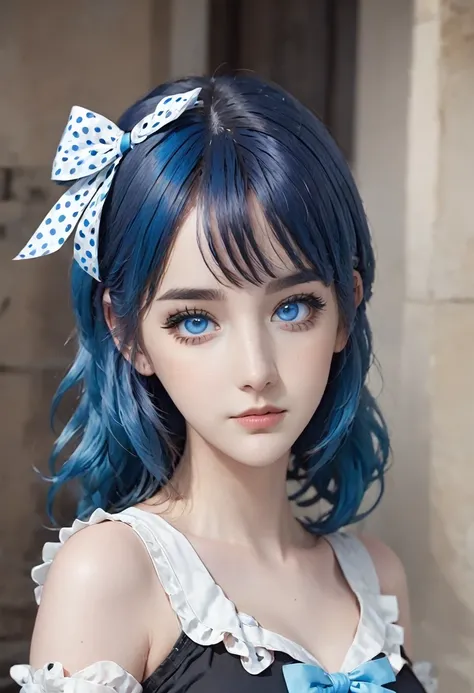 1girl, solo, looking_at_viewer, bangs, blue_eyes, original, bow, blue_hair, closed_mouth, hair_bow, makeup, border, polka_dot, portrait, eyeshadow, black_border, polka_dot_bow