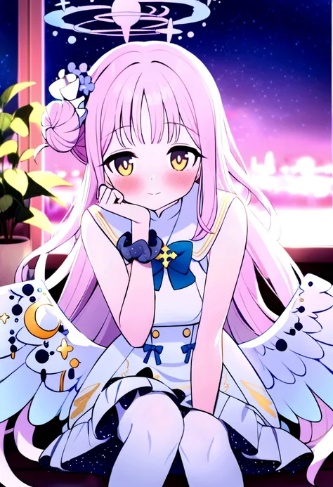 1girl, mika (blue archive), solo, scrunchie, wings, pink hair, wrist scrunchie, looking at viewer, flower, dress, hair ornament, long hair, head rest, yellow eyes, white dress, night, sleeveless, white pantyhose, hair bun, sleeveless dress, single side bun...