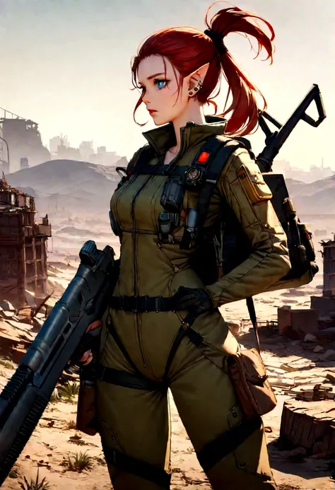 Create a digital art piece featuring Sweetie Fox in the Fallout universe. She stands at 55" with a slender yet strong build, sporting her iconic red hair tied back in a practical ponytail. Her piercing blue eyes exhibit a mixture of determination and vulne...