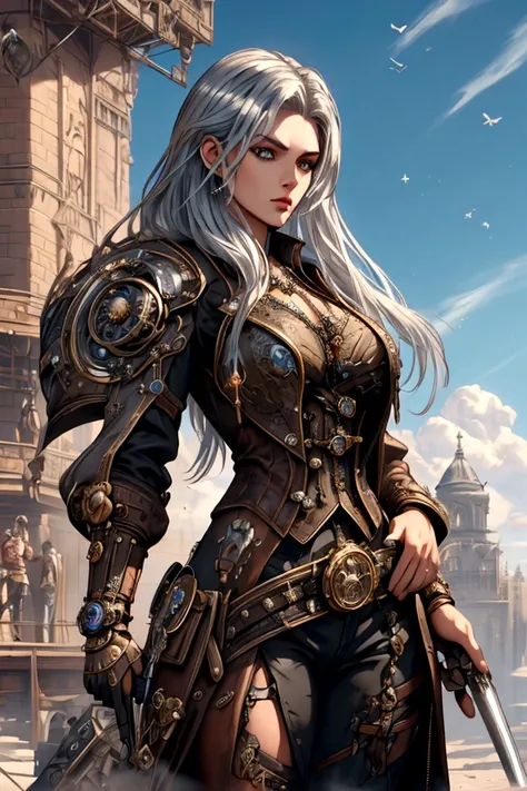 (best quality, masterpiece, highres:1.2), detailed, beautiful Steampunk lady, long silver hair, steampunk outfit and weapon, hyperrealism, photorealistic, 8k, unreal engine 