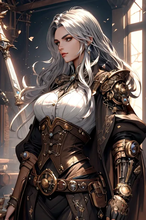 (best quality, masterpiece, highres:1.2), detailed, beautiful Steampunk lady, long silver hair, steampunk outfit and weapon, hyperrealism, photorealistic, 8k, unreal engine 