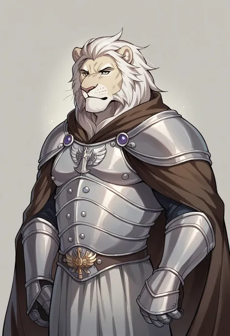 White lion，uncle，male，Mature man，huge，Fat and strong，Serious expression，Close your eyes，Put your hands behind your body，Medieval guard clothing，Silver Set（Full set of armor），Long cape，night，Palace hall（Detailed background:1.2),High Detail, 