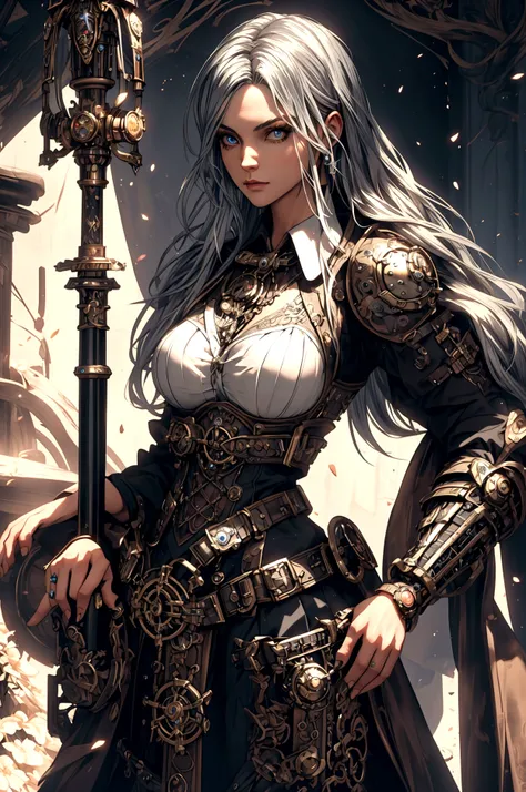 (best quality, masterpiece, highres:1.2), detailed, beautiful Steampunk lady, long silver hair, steampunk outfit and weapon, hyperrealism, photorealistic, 8k, unreal engine 