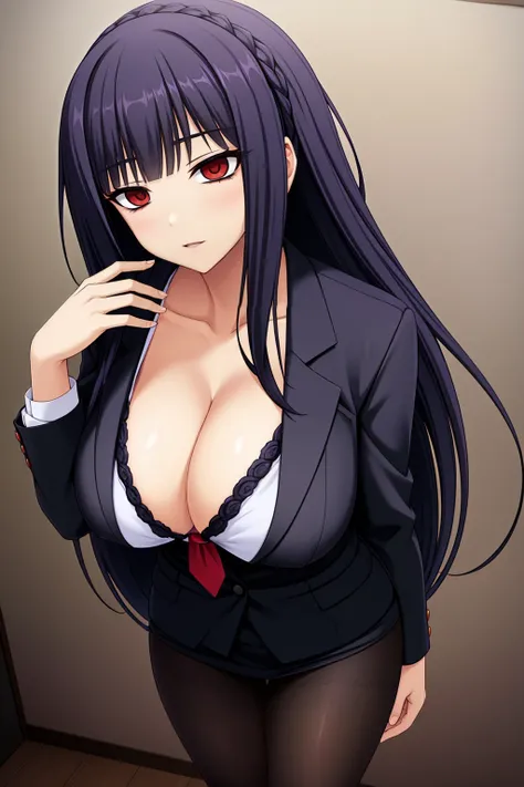 braided hair、red-eyes,black-hair,bainded-hair,Braided Hair、long-hair,red-eyes,big-breast,business-suit,black-business-suit,black-pantyhose,mini-skirt,23 years old,older sister、Ultra-high resolution、Ultra HD,Braided Hair、red-tie,standing,milf,wife,huge-nipp...