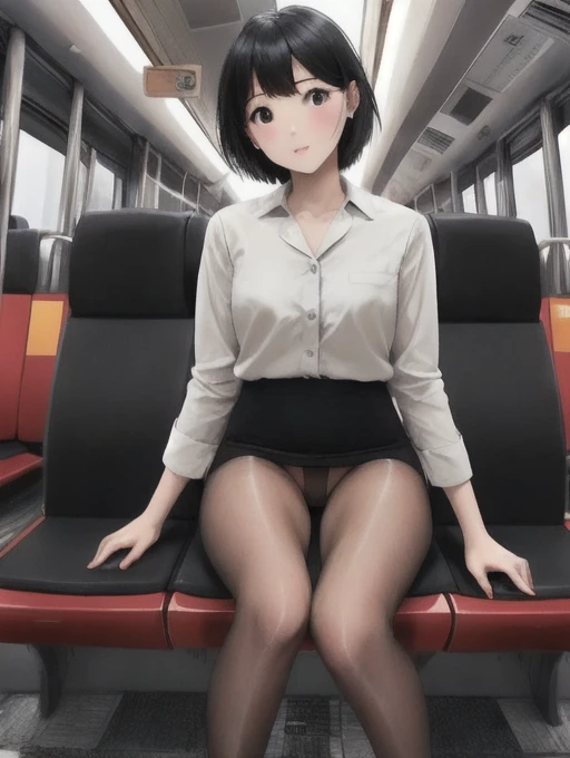 Full body portrait、Realistic、Gray ladies office suit、thin、skinny、thin脚、Black Short Hair ,Tuck your hair behind your ears、Black pumps、{{{Beige pantyhose}}}、blush、sitting in a train seat,  front、Lace panties, Grey tight mini skirt, masterpiece, Highest quali...