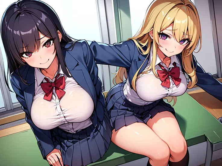 high school girl、Dressed in high 、School classroom、(Big Breasts)、((独奏))、one girl、smirk、Crossing legs