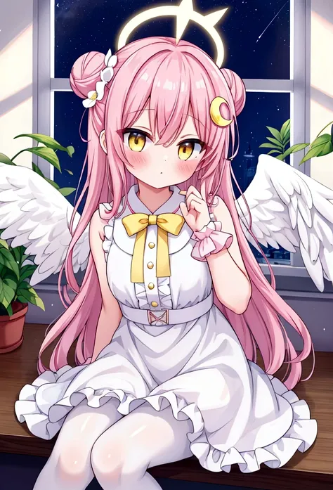 1girl, mika (blue archive), solo, scrunchie, wings, pink hair, wrist scrunchie, looking at viewer, flower, dress, hair ornament, long hair, head rest, yellow eyes, white dress, night, sleeveless, white pantyhose, hair bun, sleeveless dress, single side bun...