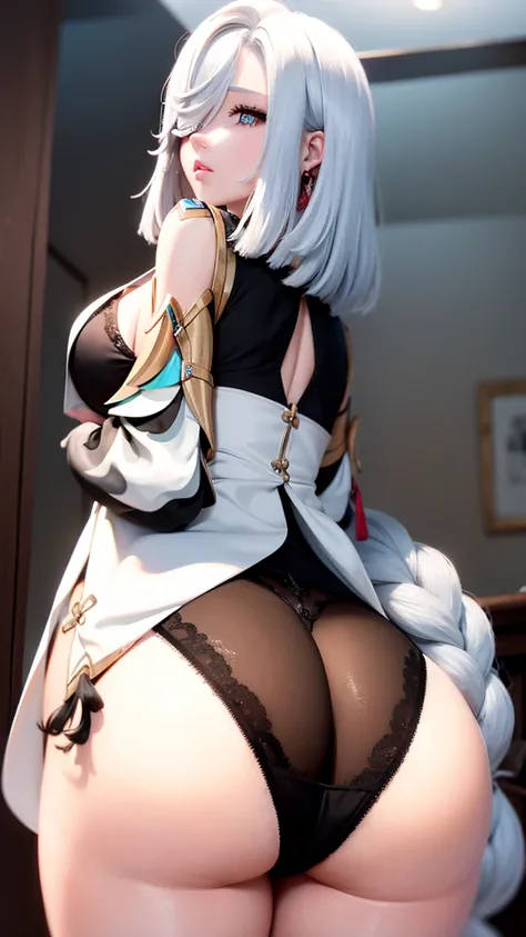 1girl, from behind, huge ass, thick thighs, pussy, looking at viewer, looking back, (black pantyhose), white hair, on all fours, (hourglass figure), (from behind)