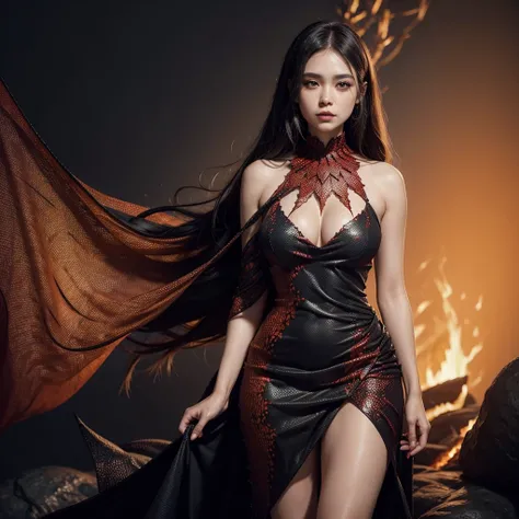 Create a woman wearing an elegant dress made of dark blood red dragon scales with a slight black gradient. The dress has a slight neckline and points at the end of the dress and at the end of the mango it has a slightly burnt appearance and orange-red from...