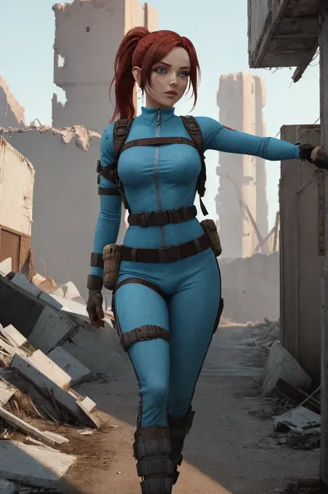 Create a digital art piece featuring Sweetie Fox in the Fallout universe. She stands at 55" with a slender yet strong build, sporting her iconic red hair tied back in a practical ponytail. Her piercing blue eyes exhibit a mixture of determination and vulne...