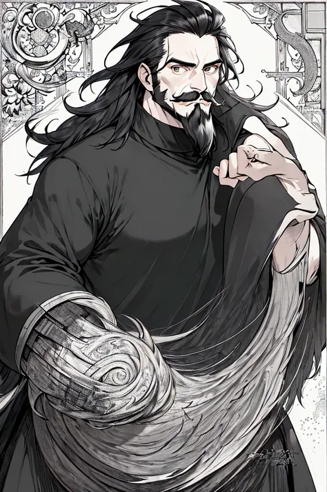 neocruz messy hair, black fur, wide, mustache with goatee beard, the lord of shadows hyper realistic super detailed line art com...