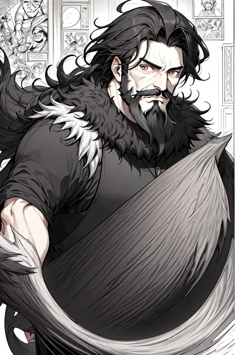 neocruz messy hair, black fur, wide, mustache with goatee beard, the lord of shadows hyper realistic super detailed line art com...