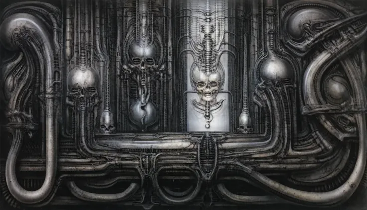 g1g3r t4bl3 the image is a detailed view of h.r. giger's tableau \" biomechanical landscape no 312 \" plate.
 the image is a  ph...