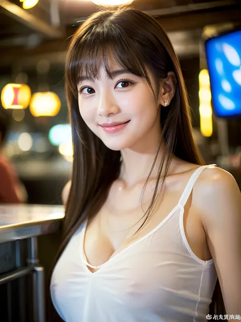 A very cute face like an idol、Looks like a young face、20-year-old female、Gentle and cute、A kind smile、((White, see-through Y-shirt))、((whole body像))、Cleavage、A crowded bar、Toast with a beer mug、Cinema lighting、Natural light、whole body、RAW Photos、Genuine、Ar...