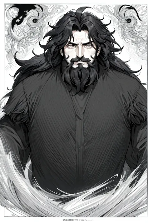 neocruz messy hair, black fur, wide, mustache with goatee beard, the lord of shadows hyper realistic super detailed line art com...