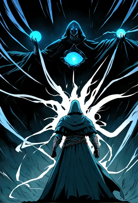 illustration in anime style, a magician guy fights using magic, in the style of Elden Ring, dark souls, an atmosphere of darkness and gloom, the magicians eyes are checked with blue light