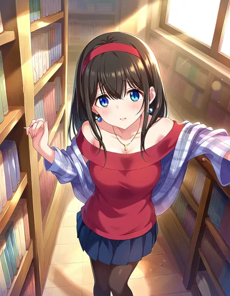 nsfw, score_9, score_8_superior, score_7_superior, sauce_anime,
One girl, Cute Woman, alone, shy, Standing, , scared,  (lie on own back), (overhead shot), ,
indoor, library, sunlight, window,  Bookshelf, 
 sgswfmk, Long Hair, Brown Hair, Black Hair, Long b...