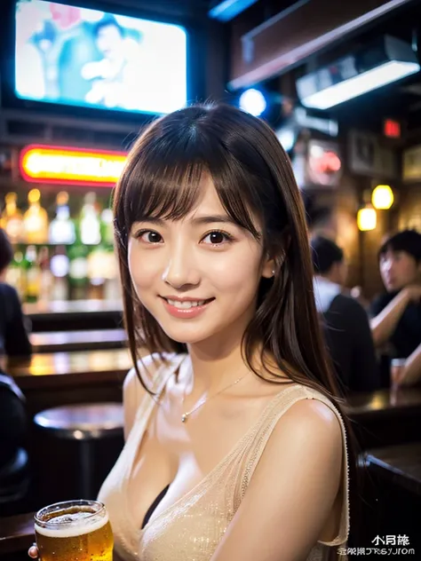 A very cute face like an idol、Looks like a young face、20-year-old female、Gentle and cute、A kind smile、((See-through clothes))、((whole body像))、Cleavage、A crowded bar、Toast with a beer mug、Cinema lighting、Natural light、whole body、RAW Photos、Genuine、(Artistic...