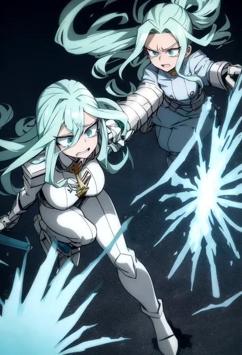 screenshot my hero academia, very beautiful woman, long wavy hair, light green hair, light blue eyes, wearing a short light blue hero suit, holding an ice scepter, full body, crying, fighting with villains , anime style, my hero academia style, ice backgro...