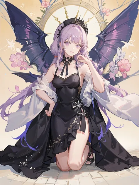 girl,full body,(detailed face:1.2), Masterpiece, fashion,black dress,, medium hair, light pink purple hair, purple pink eyes,There are wings hanging on the head.,white background,vtuber,full HD,The bat wings on the left side of the head are white.,Long hai...