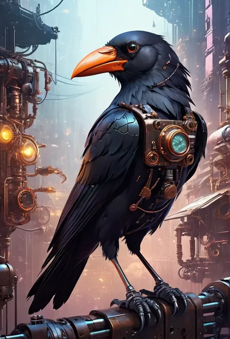 "(((Cybernetic crow))) adorned with steampunk elements, blending seamlessly into a cyberpunk environment, (mysterious) and (dystopian) ambiance, (masterpiece) of digital art