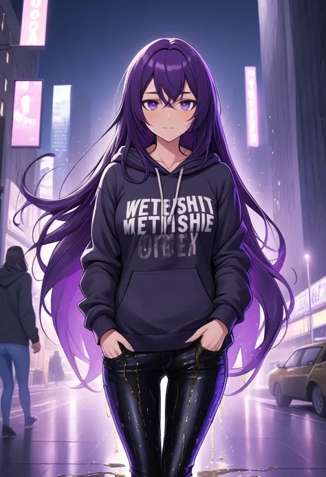 (masterpiece:1.37), best quality, (extremely detailed:1.37) woman, (mature:1.75), (adult:1.5), (very long hair:1.5), dark purple hair, purple eyes, (extremely detailed eyes:1.37), breasts stylish hoodie, jeans, (wetting herself:2.0), standing straight, ful...