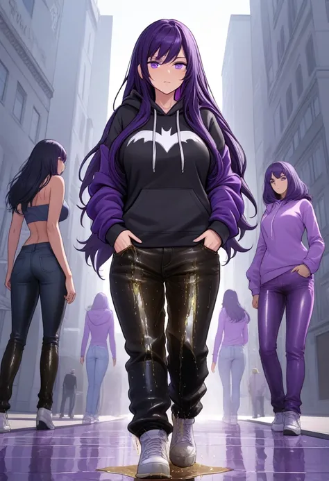 (masterpiece:1.37), best quality, (extremely detailed:1.37) woman, (mature:1.75), (adult:1.5), (very long hair:1.5), dark purple hair, purple eyes, (extremely detailed eyes:1.37), breasts stylish hoodie, jeans, (wetting herself:2.0), standing straight, ful...