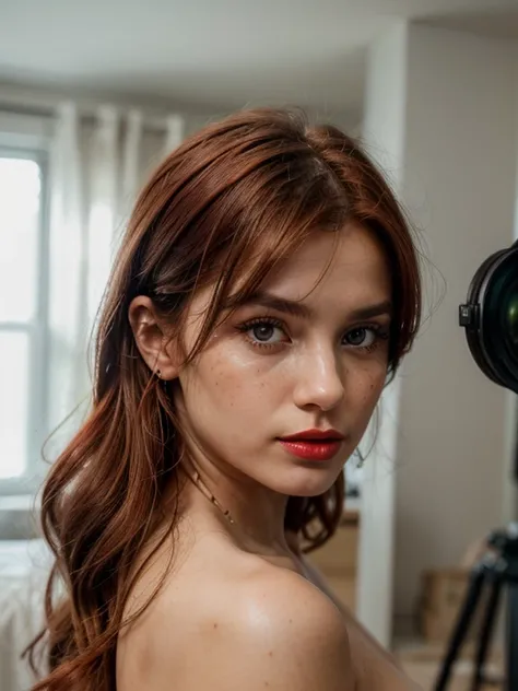 32k, HDR, RTX, photorealistic, 1 beautiful redhead woman with small freckles on her cheeks, ((cute, lips, red lipstick, long hair, looking at viewer, makeup, nose, realistic)), (completely naked body), redhead woman with freckles, raw photo,studio_shot,uhd...