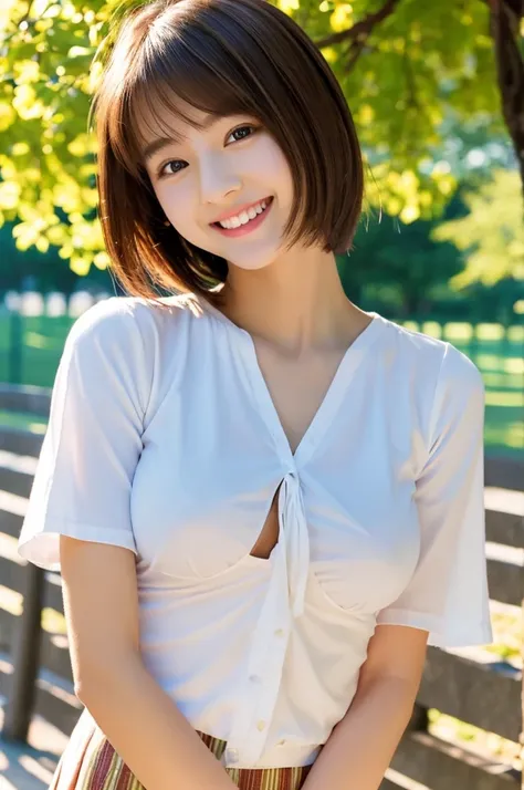 top-quality、ultra-detailliert、​masterpiece、realisitic、Photo Real、one girls、(Cute 17 year old girl、small head)、(kawaii:1.2)、huge smile、(Brown hair、Short bob hair)、eyes are brown、perfect glossy skin、((A slender))、((Perfect body))、model poses、accurate depicti...