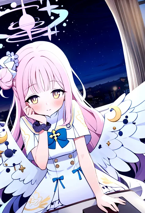 1girl, mika \(blue archive\), solo, scrunchie, wings, pink hair, wrist scrunchie, looking at viewer, flower, dress, hair ornamen...