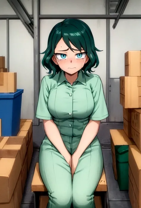 screenshot my hero academia, very beautiful girl, short wavy hair, light green hair, light blue eyes, crying, hurt, sitting in a box, background of a warehouse, anime style, my hero academia style