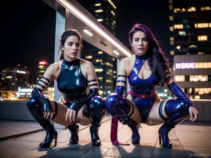 (masterpiece), (solo character), (best quality), (young woman), (epiCRealLife), (European model), (JenniferConnelly90s), (photorealistic:1.4), (Psylocke latex costume), (Psylocke leotard expose shoulder), (purple hair), (blue eyes), (Psylocke hairstyle), (...