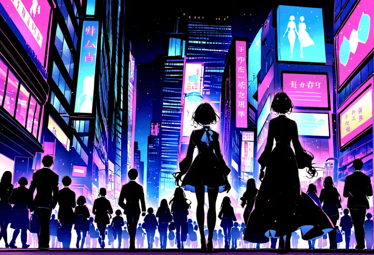 A dark-haired girl named Akira with long black hair and red eyes, wearing a black dress, walking to work in a bustling, modern futuristic city. The city is alive with activity, with people rushing by, cars and buses moving, and tall skyscrapers surrounding...