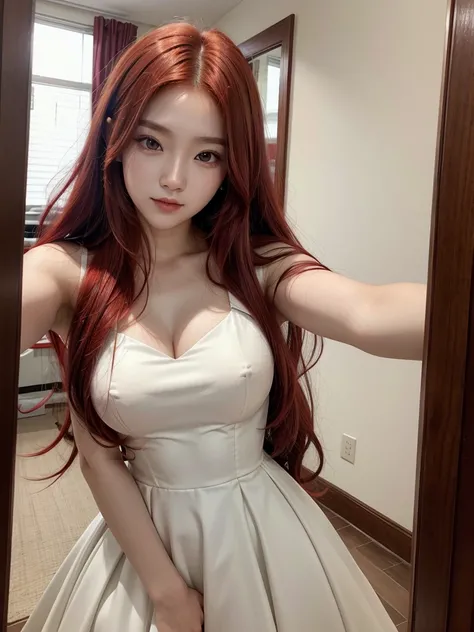  Korean with long red hair, white gown, Selfie